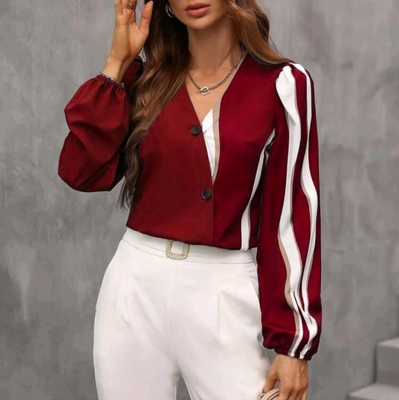 Color Block Button Front Blouse Women Shirt - Picture 5 of 5